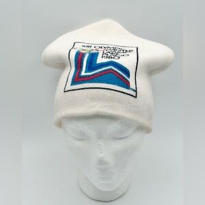 Vintage Lake Placid 1980 Olympic Winter Games Beanie Knit Hat Toque White